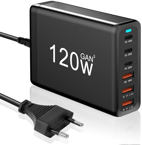 AXFEE Chargeur USB C Rapide 120W, GaN Chargeur Secteur USB Multiple 3 USB C+3 USB-A, Chargeur Rapide Station de Charge Adaptateur Compatible avec MacBook Pro/Air, i-Pad, i-Phone, Galaxy, Huawei