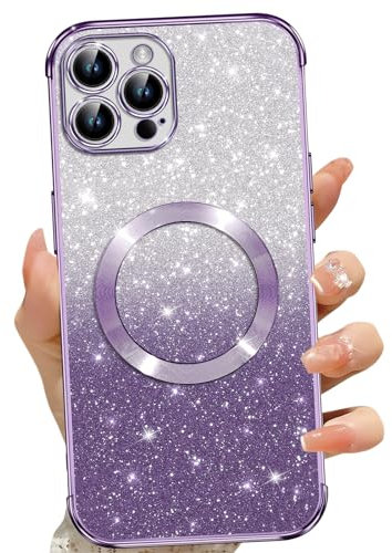 Phoona für iPhone 12 Pro Max Hülle, Magnetisch Handyhülle Kompatibel mit MagSafe, Keine Vergilbung, Kratzfeste, Ganzkörperschutz Glitzer Hülle für iPhone 12 Pro Max, Mit 2 Schutzfolie, Lila