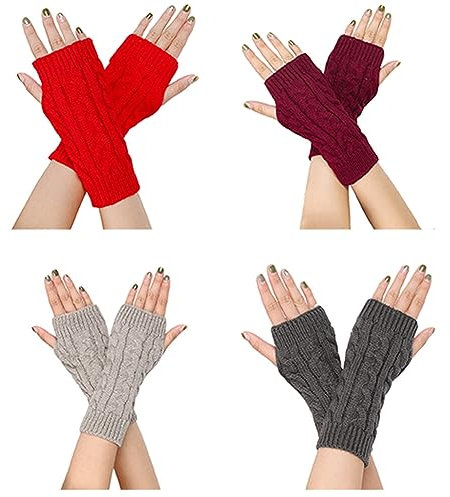 MoreChioce 4 Paar Damen Fingerlose Handschuhe, Winter Armstulpen Damen Pulswärmer Warmer Halb Strickhandschuhe Fäustlinge Handwärmer Kurzer Gestrickte Stulpen mit Fingerdaumenloch,#B