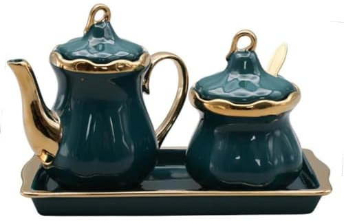 MAGICVOGEL Ceramic Milk Jug and Sugar Bowl Set, Sugar Container, Milk Jug with Tray, Spice Jar with Lid and Spoon, Cream Jug, Coffee Service Set for Home, Café, Bar (Green), MAG366
