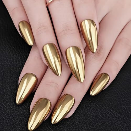 U-Shinein Press On Nails, Mirror Fake Nails, Oval False Nails, Super Metallic Luster Full Cover Nail Art Stick-On Nails, Festival Nail Gift for Women Girl, 01 Gold