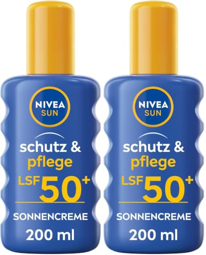 NIVEA SUN Schutz & Pflege Sonnenspray LSF 50+ (200 ml), Sonnencreme Spray für 48h Feuchtigkeit mit Vitamin E, sofortiger Sonnenschutz vor UVA-/UVB-Strahlen (Packung mit 2)