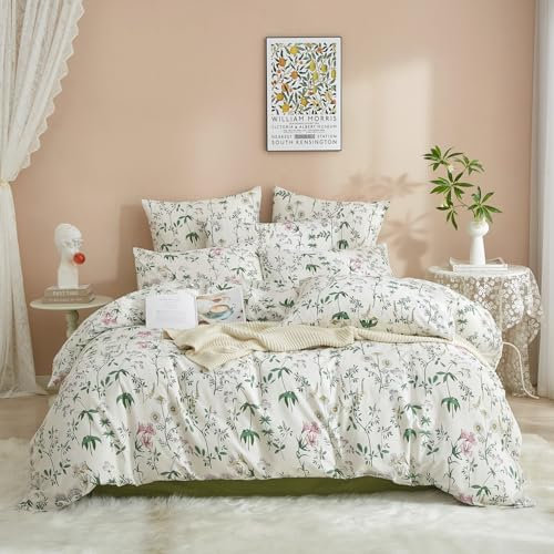 Luofanfei Bettwäsche Blumen 220x240 Renforce Baumwolle Grün Weiß Bunt Bettwäsche Set Blumenmuster Pflanzen Blätter Sommer Bettbezug und 2 Kissenbezüge 80x80 cm mit Reißverschluss Weich und Bügelfrei
