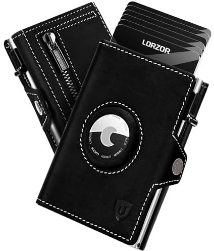 LORZOR Porte Carte Airtag avec Porte Monnaie, Portefeuille Airtag avec RFID, Portefeuille Homme Cuir Véritable, Porte Carte Homme pour 10 Cartes, Porte Monnaie avec Compartiment à Billets
