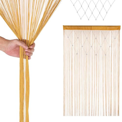Trimming Shop Glitter Beaded String Curtains Polyester Fly Screen Room Divider Fringe Panel Spaghetti Tassel Curtain Decorative for Doorway, Windows & Event Decoration, 200cm x 100cm, Gold