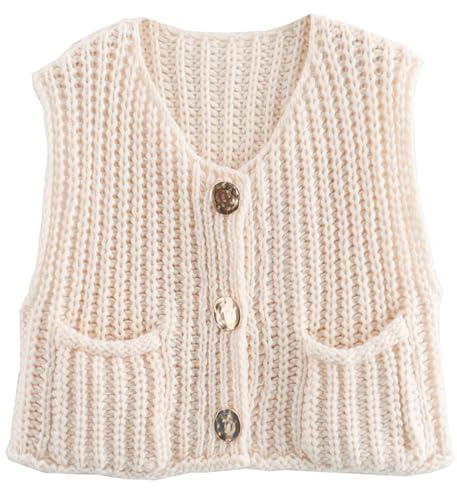 FEOYA Pulls sans Manches Gilet Femmes Filles Crop Pullover Tops Sweater Gilet Bouton en Bas Chunky Knit Cardigan avec Poches Automne Hiver Blanc M