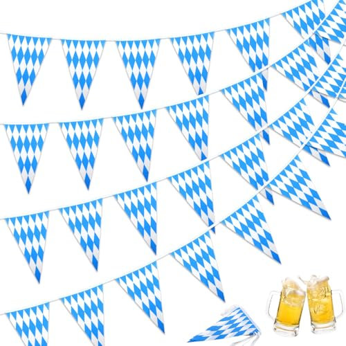 33ft/10m Oktoberfest Deko Wimpelkette, Bayrische Wiesn Deko, 1 Stück Oktoberfest Banner Wimpel Girlande Bayern Wimpelkette Outdoor Wetterfest für Bayrische Wiesn Party Deko Weiß Blau