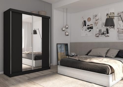 AGMAT-FURNITURE Schwebetürenschrank Lyon, Kleiderschrank mit 2 Türen, Moderne Garderobe in Farbe: Schwarz, Schrank in Größe: 160 x 216 x 61 cm