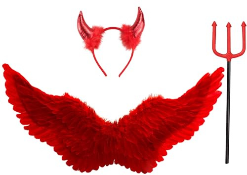 Winwild 75CM Engelsflügel Rot mit Teufelshörner & Zauberstab Set,Erwachsene Engel Flügel Damen Engel Teufel Feen Kostüm Accessoires für Halloween Karneval Cosplay Party Fasching Verkleidung