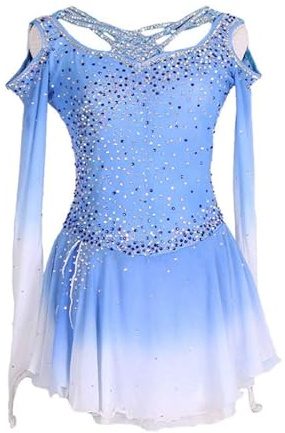 Zagitova Langärmlige Eislaufkleider for Frauen Damen Hollow Dance Kleider mit Funkelnden Strasssteinen(XL)