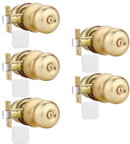 EHOMEWARE 5 Pack Brass Door Knobs Interior, Locking Door Knob for Bedroom/Bathroom, Keyless Privacy Door Handle, Gold Door Knob for Left Right Sided Doors, Modern Round Design