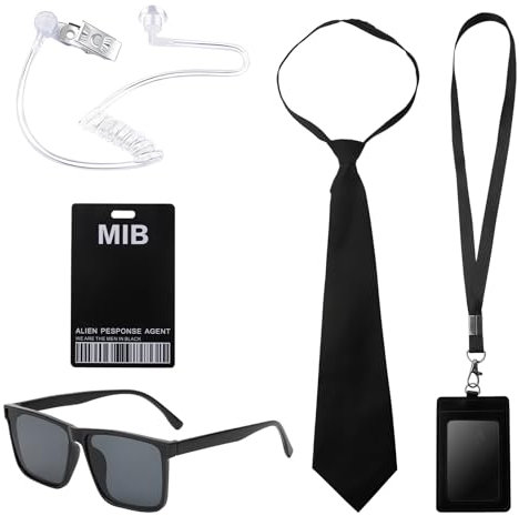 ZMDMAH 6 Stück Spion Agenten KostüM Men In Black KostüM Security KostüM Schwarz KostüM Set Accessoires mit Sonnenbrille Krawatte Ausweis und Kartenhalter Geeignet für MäNner Frauen
