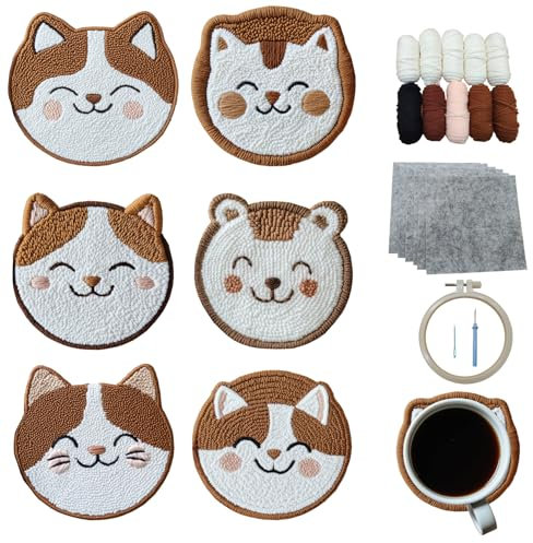 Xinpinzhou 6pcs Katze Punch Needle Untersetzer Set Anfänger Kinder Erwachsene, Tier Punchneedle Stanznadel Untersetzer Set Anfänger, Punch Nadel Coaster Kit