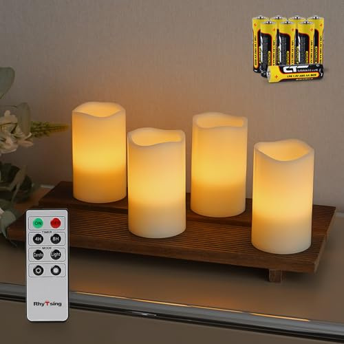 Rhytsing 4er Echtwachs Adventskerzen mit Timerfunktion, Flammenlose LED-Kerzen für Weihnachten Deko, inkl. Fernbedienung und Batterien, Elfenbeinfarben, Ø 7,5 x H 12,5 cm