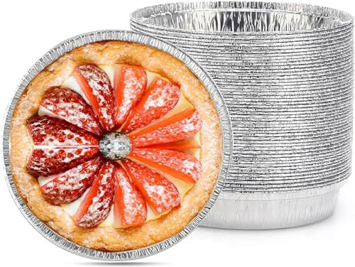 Round Flan Tart Pie Tin Foils Disposable Recyclable – 14.5 Approx 6 Inch Base and 2.5cm Approx 1 Inch Deep | Aluminum Foil Baking Tray – Sturdy & Oven Safe | Tarts Pies Cheesecakes Desserts (50)