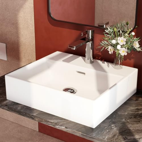 EMKE Lavabo Design Moderno – Lavabo Sospeso in Ceramica con Bordo Sottile, Lavabo per Bagno e WC Ospiti, 415x360x130 mm,Bianco Lucido, Lavabo Quadrato, Lavabo da Appoggio