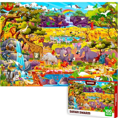 QUOKKA 100 Piece Jigsaw Puzzles For Children - Kids Puzzles For 3 4 Year Olds - Busyland Safari Animals Jigsaws for Children Age 5 6 - Learning Toys for Boys and Girls - Educational Games Gift