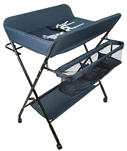 Table à langer pour bébé avec roues, station à langer pliante portable à hauteur réglable avec organiseur de pépinière et support de rangement80*66 * 98 cm (bleu foncé)
