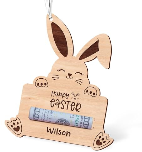 EDSG Personalised Easter Money Holder For Cash Gift Wooden Easter Gifts Bunny Gifts Basket Tags Decorations for Kids Teens Toddlers Babies Girls Boys Granddaughter Grandson (Wood-Design 1)
