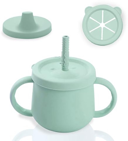 PICOCACA | Vaso de Aprendizaje Bebé 4 en 1 | Taza Infantil con Pajita, Boquilla, Recipiente para Snacks y Asas (Verde)
