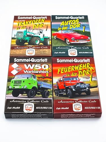 Automotive Collector Cards 4er Set Quartett Kartenspiele DDR, Traktoren in der DDR Vol. 1, IFA W 50 Varianten, Autos in der DDR Vol. 1 und Feuerwehr in der DDR Vol. 1, Ostalgie, Acc