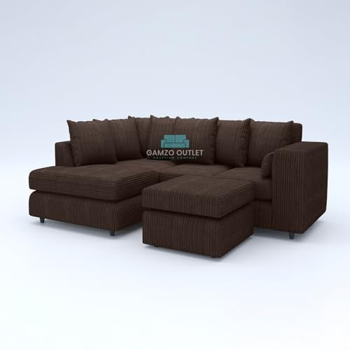 Gamzo Outlet Sofa Corner Sofa L Shape Jumbo Cord Fabric Square Settee Seater Suite Footstool (Left Hand Facing, Brown)