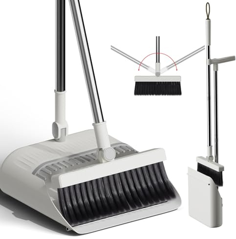 Long Handled Dustpan and Brush Set, Broom and Dustpan Set, Household Dust pan Combo, 180 Degree Rotating Sweeping Brush for Indoor Outdoor Household Cleaning and Sweeping (White)