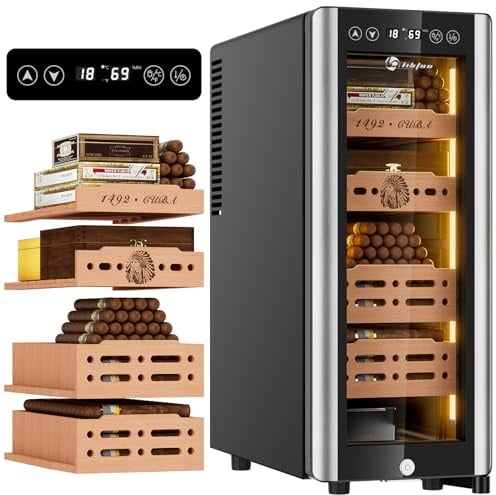 LIHTUN 35L Elektrischer Zigarren Humidor Schrank mit Licht für 250 Zigarren Thermoelektrische Kühlung Einstellbare Temperatur und Luftfeuchtigkeit Digitalanzeige 4 Abnehmbare Zedernregale Schloss