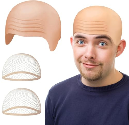 TAIXING Halloween Glatzenkappe, Latex Glatze Hut mit 2 Stück Haarnetz, Realistisch Beige Bald Cap, Kahle Kappe für Erwachsene, Halloween-Kostüme, Bühnenspiele, Filme, Club-Aktivitäten und Cosplay