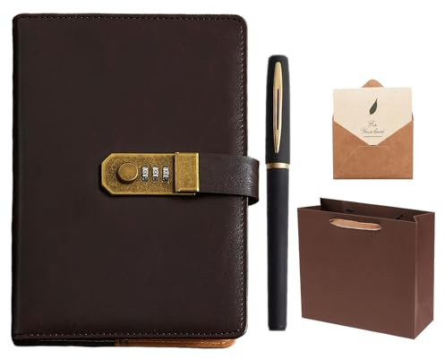 Uoxmiy Diary with Lock, A5 PU Leather Diary with Lock, 200 Pages Vintage Lockable Password Journal Notebook with Greeting Card, Gel Pen, Gift Bag for Gift, Note Take, Plans, Organize(Dark Brown)