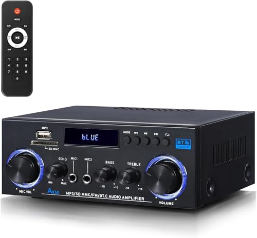 AK50 HiFi-Verstärker Heim-Audio, Stereo-Receiver 400 W Heim-2-Kanal-Bluetooth 5.0-Leistungsverstärkersystem, FM-Radio, USB, SD-Karte, mit Fernbedienung für Heimkino-Lautsprecher Studio