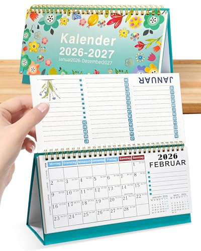 MAJOYLIFE Tischkalender 2026–2027,Stehkalender,Klappkalender quer | Eine Seite pro Monat, mit Notizfeld auf der Rückseite, Daten einschließlich Feiertage, 25x15cm (Stil 1)