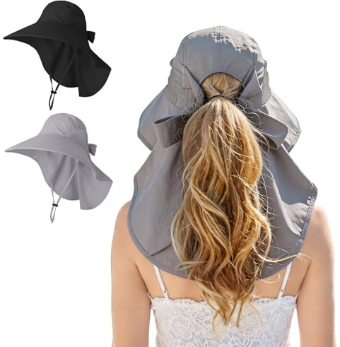 Utensilsto 2er Sonnenhut wasserabweisend breite Krempe Nackenschutz | Für Angeln, Strand & Garten.Für Damen & Herren Wasserabweisend, breite Krempe, Nackenschutz & Pferdeschwanz-Öffnung