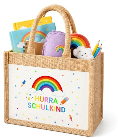 QijAOPD Geschenke zur Einschulun, Jutetasche Einschulung 26x22x14cm, Schultüte aus Stoff Design mit Regenbogen, Einschulung Geschenk Junge Mädchen für den ersten Schultag