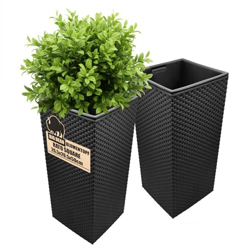 BigDean 2X Blumentopf in Rattanoptik Pflanzkübel + Einsatz 26,5x26,5x50cm | anthrazit, wetterfest & UV-beständig, aus robustem Kunststoff, für Innen- und Außenbereich