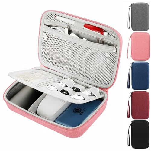 Hard Electronics Travel Organizer Case for MacBook Chargers & Storage Flash Hard Drives - Waterproof Shockproof 2-Layer Design Holds Power Bank Mouse and Cables (Pink)