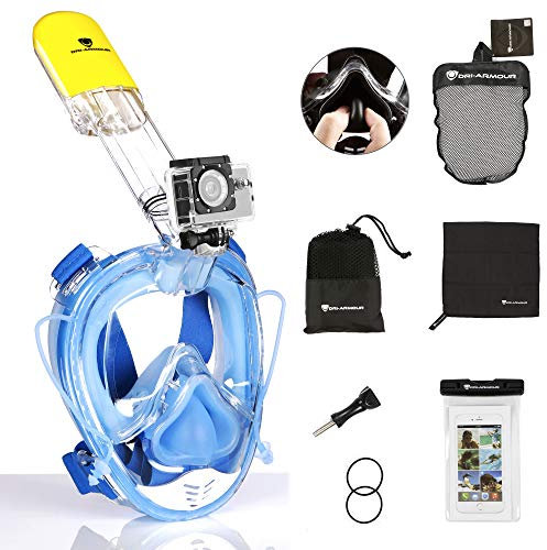 Dri-Armour Full Face Snorkel Mask 180° Seaview Easy Breathing Snorkeling Masks for Adults or Kids Anti-Fog Anti-Leak Safety Diving with Detachable Action Camera Mount with Free Accessories!