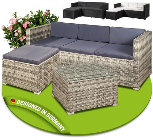 Juskys Polyrattan Lounge Punta Cana M für 3-4 Personen mit 3er Sofa, Sessel, Tisch & Kissen, Sitzgruppe für Garten, Terrasse und Balkon, Gartenmöbel Set wetterfest - grau-meliert