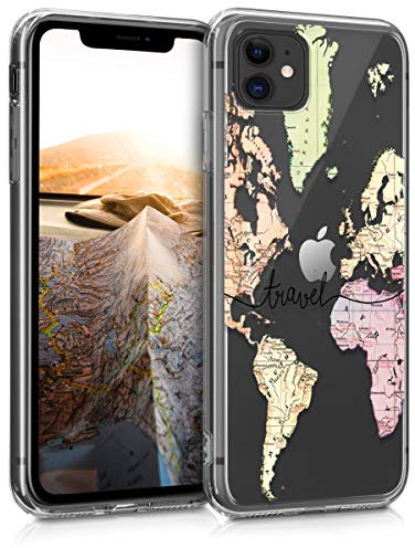 kwmobile Custodia Compatibile con Apple iPhone 11 - Cover Silicone TPU - Protezione Back Case - Mappa del mondo nero/multicolore/trasparente