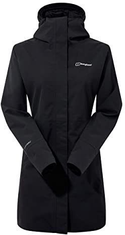 Berghaus Women's Omeara Long Length Waterproof Shell Jacket | Adjustable Fit | Two-Way Zip, Black/Black, 12