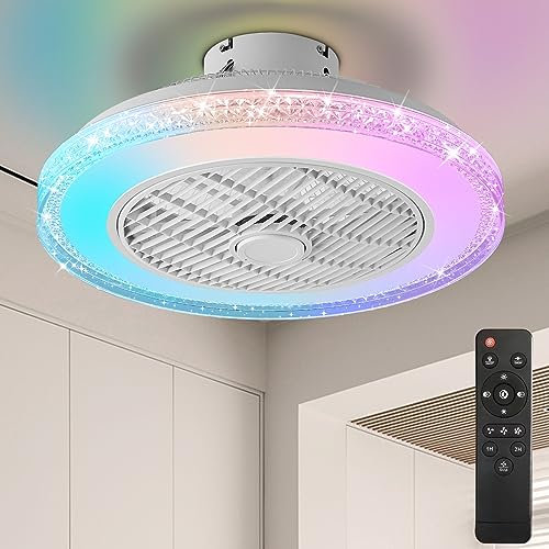 RGB Ceiling Fans with Lights and Remote 18in 72W White Starry Sky Modern Ceiling Fan Multi Speed 12 RGB Color Changing Low Profile Ceiling Fans with Lamps Flush Mount Ceiling Fan Light for Bedroom