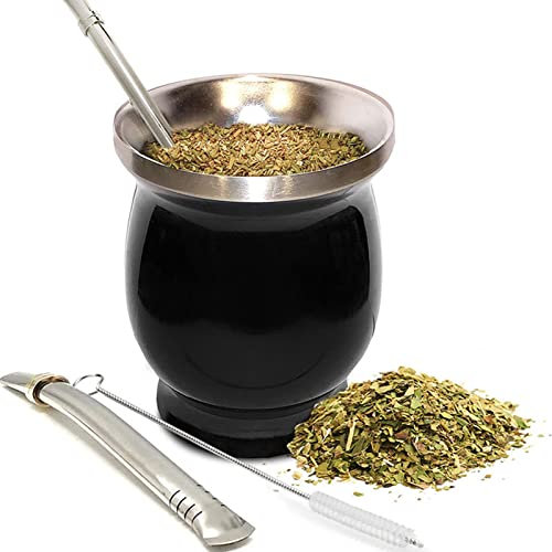 Taza de Mate Tradicional, Juego de Calabaza de Yerba Mate de Doble pared de Acero Inoxidable de 230ml con Cuchara de Paja Y Cepillo Para Beber Café