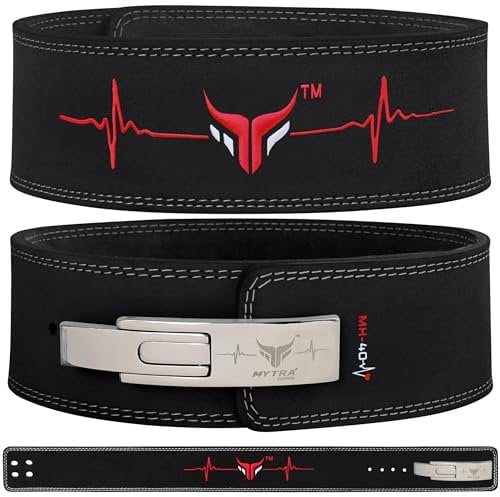 Mytra Fusion cinturon gym with Lever Buckle cinturon powerlifting for Hombre y Mujer 4 de ancho Piel Genuina cinturon gimnasio para gimnasio, entrenamiento, fitness y entrenamiento (Black, M)