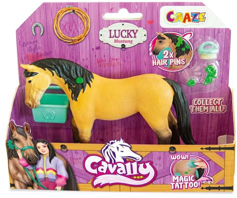 Cavally Box Set Lucky - Pferde Spielzeug zum Sammeln , realistische Pferdefigur mit Zubehör & Spezialeffekten, Mustang-Pferd Spielzeug Mädchen