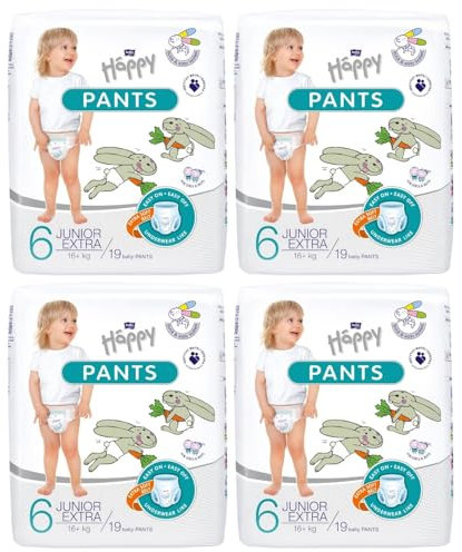 bella baby Happy Pants Gr.6 Junior Extra 16+ kg, 4er Pack (4 x 19 Stück): Höschenwindeln für Kinder, Ideal beim Töpfchentraining, frei von Chlor, Parfüm und Latex