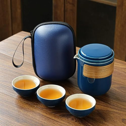 LeGDOr Mini-Reise-Keramik-Teekannen-Set, chinesische handgefertigte Keramik, 1 Topf mit 3 Tassen, Porzellan-Teetassen mit tragbarer Tasche für Picknick, Geschäft, Hotel, Blau