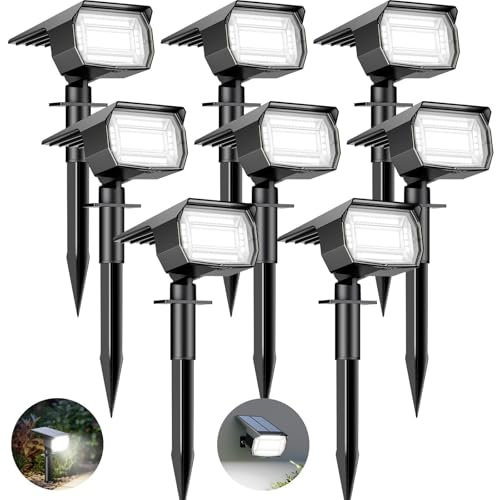 btfarm 8 Pezzi 72LED Faretti Solari a LED da Esterno, 3 Livelli di Luminosità Lampade Luci Solari da Giardino Potenti, IP65 Impermeabile Lampada Lampioni Solare per Cortile, Alberi, Bianco Freddo