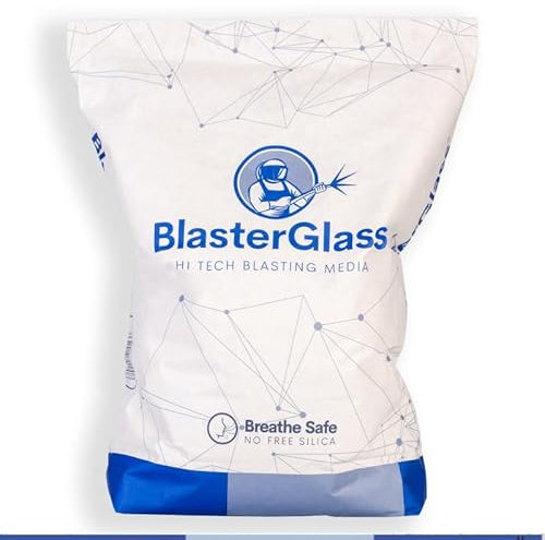 BLASTERGLASS Sabbia Abrasiva di Vetro 20KG per Sabbiatura a Pressione - Abrasiva Riutilizzabile - Sabbia per Sabbiatrice in Vetro - Granulometria 600-1200 Micron - Borsa da 20KG