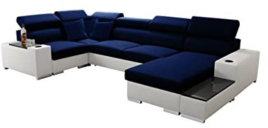 All4All Ecksofa mit Schlaffunktion Porte 358 cm x 205 cm - Wohnlandschaft U-Form - Schlafsofa mit Bettkasten - XXL Sofa - Groß - Gewebe mit Kunstleder -Blau/Weiß - Rechte Seite 26