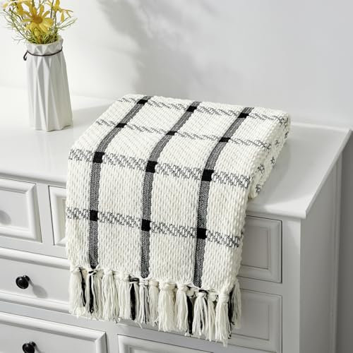 CREVENT 127 cm x 152 cm Farmhouse atmungsaktive weiche und warme Chenille-Überwurfdecke für Sofa, Couch, Bett, Heimdekoration, Überwurf mit Quasten (Schwarz und Weiß)
